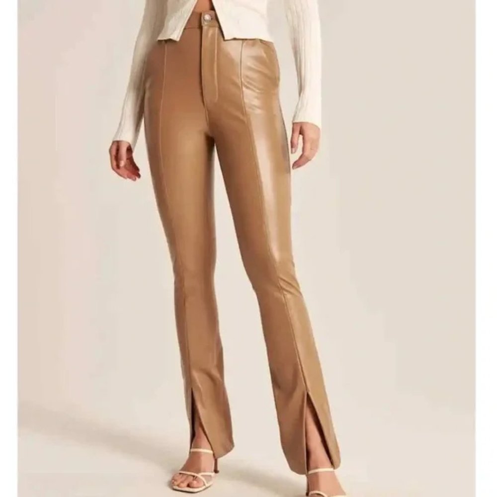 A&F - Tan, Leather, Split Hem Pants - Skinny Flare, High-Rise
